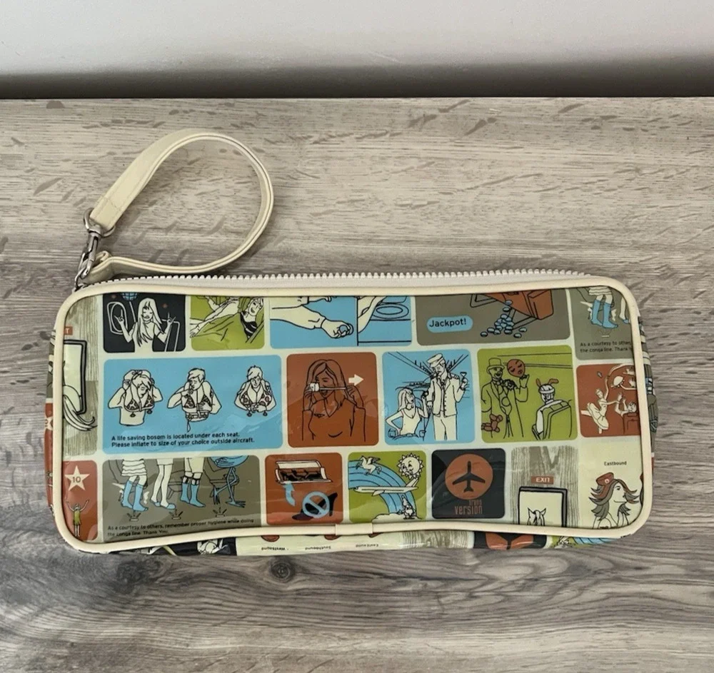 TRANSVERSION Funny Travel Theme Vinyl Makeup Bag Stewardess Airplane w/ Mirror